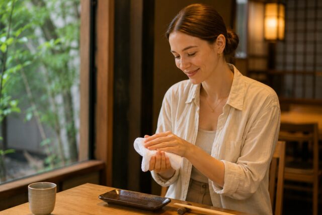Foreign visitor using an oshibori towel in a peaceful Japanese restaurant setting