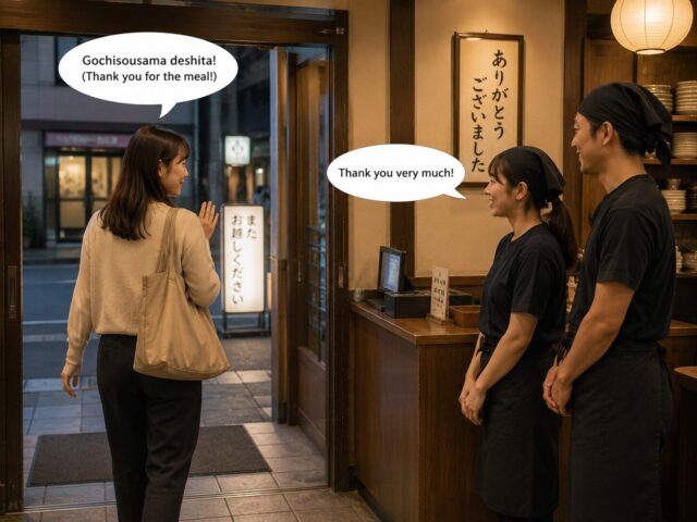 Customer saying “Gochisousama deshita” to restaurant staff while leaving a Japanese restaurant