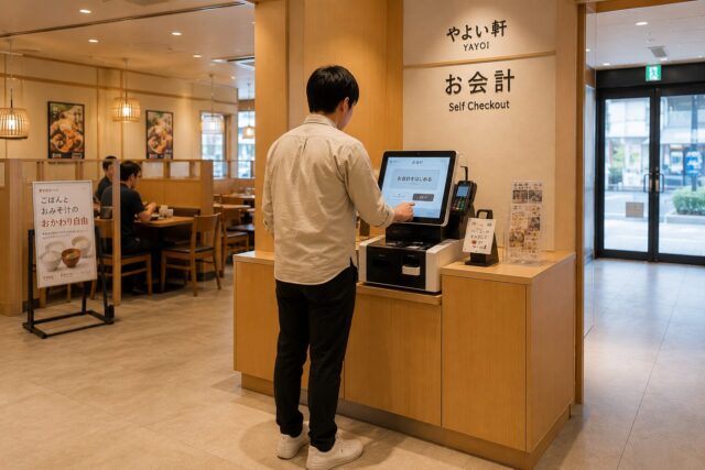 Customer using a self-checkout payment machine inside a modern Japanese restaurant