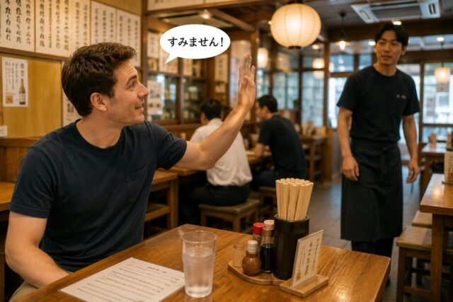 Foreign customer lightly raising a hand and saying “Sumimasen” to staff in a Japanese restaurant