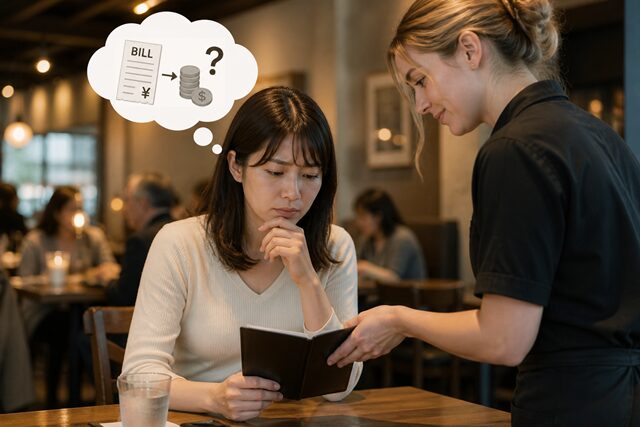 Customer looking confused at a restaurant bill with tipping concept