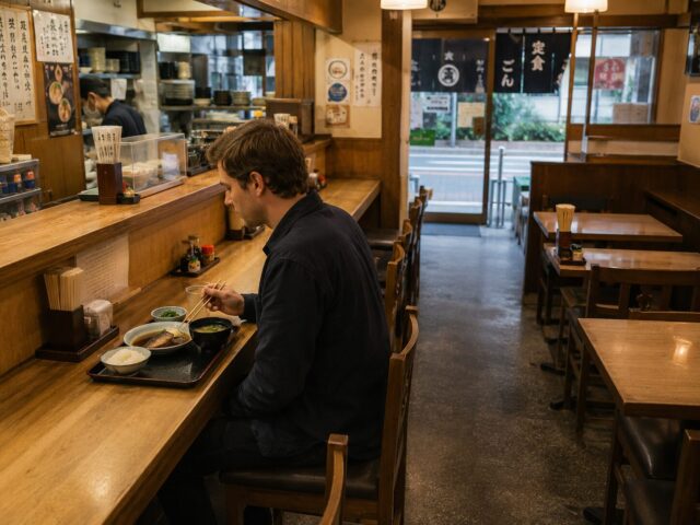A solo diner using a counter seat in a Japanese teishoku restaurant while other seating remains available