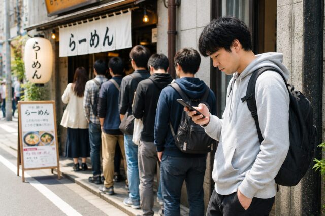 A customer quietly checks a smartphone while waiting at the end of a line outside a small Japanese ramen shop