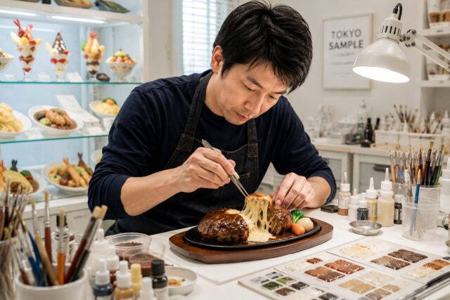 Japanese food replica craftsman carefully adjusting a realistic cheese-filled hamburger steak model in a modern workshop