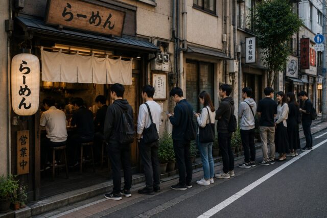 Small counter-style ramen shop in Japan with a single line of customers waiting quietly outside, while diners fill the limited seats inside.
