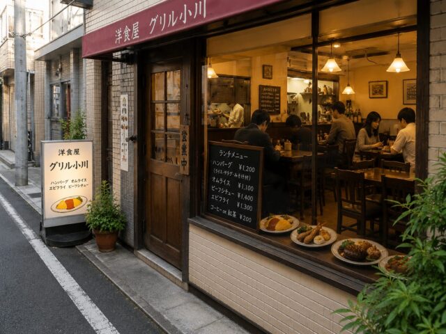 A small Japanese Western-style restaurant with customers inside but no line outside, showing that popular local restaurants do not always have a long wait.