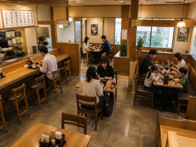 Diners using different-sized tables and counter seats in a Japanese restaurant, with each group naturally choosing a space that fits their needs