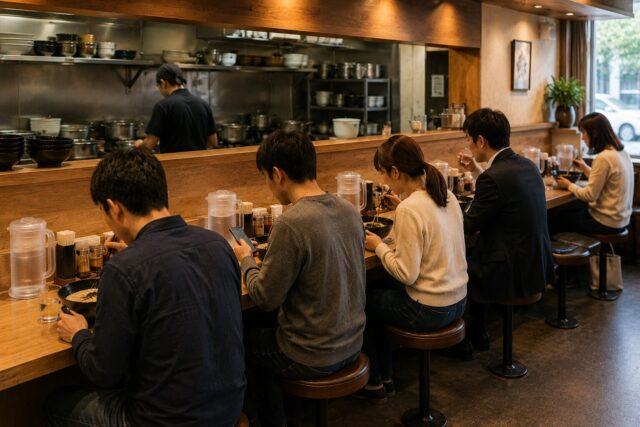 People quietly enjoying ramen at individual counter seats in a modern Japanese restaurant, each spending the meal in their own way.