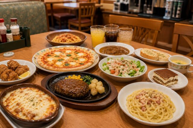 Japanese family restaurant table featuring a wide variety of dishes, including pizza, pasta, hamburg steak, gratin, salad, drinks, and dessert.