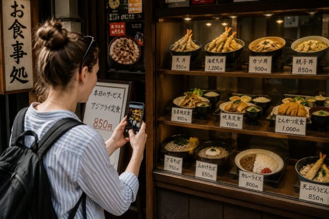 Foreign visitor photographing Japanese food replicas displayed outside a traditional restaurant