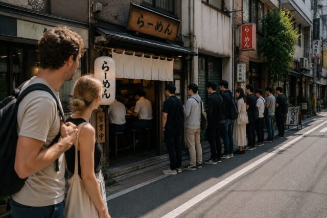 Foreign travelers notice a line outside a small Japanese ramen shop, where local customers quietly wait for what many believe is a worthwhile dining experience.
