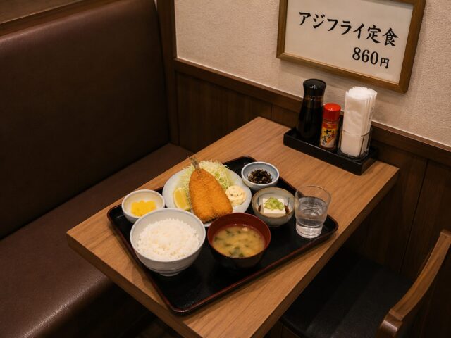 A Japanese teishoku meal served on a compact two-person restaurant table with simple condiments and enough space for an individual diner