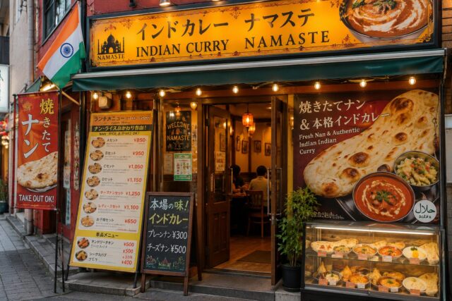 Indian curry specialty restaurant in Japan featuring freshly baked naan, curry dishes, and a colorful storefront that reflects Japan’s culture of specialized dining.