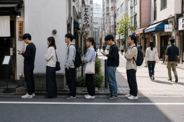 People wait in a neat single-file line along a Japanese city sidewalk, leaving space for pedestrians to pass comfortably.