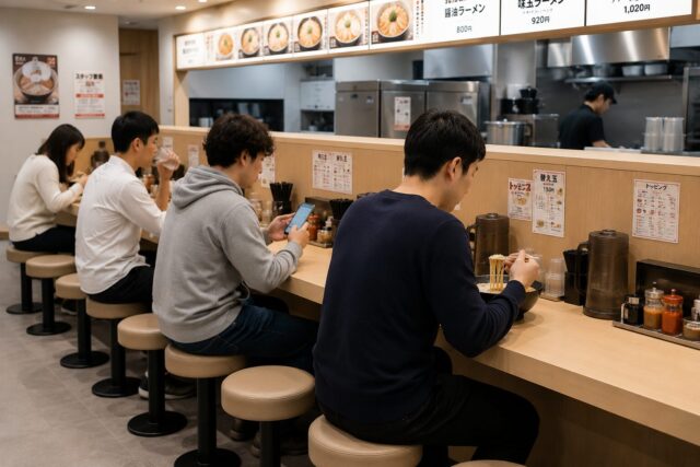 People sitting side by side at the counter of a modern Japanese ramen restaurant, each quietly enjoying the meal in their own way.