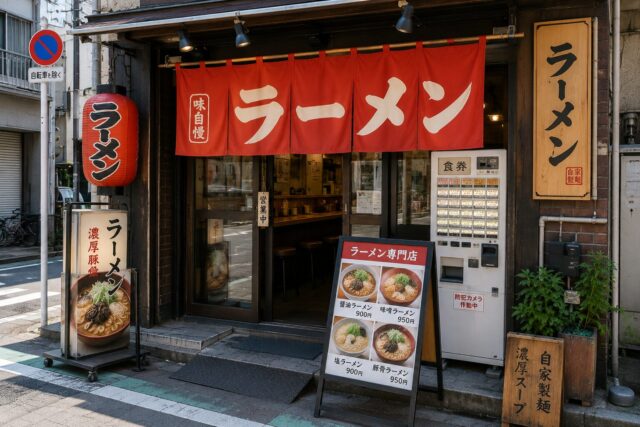 Exterior of a Japanese ramen specialty restaurant with a narrow menu focused entirely on different types of ramen and a ticket vending machine at the entrance