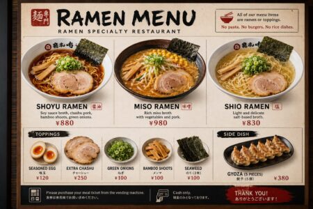 English-language menu from a Japanese ramen specialty restaurant showing multiple ramen varieties, toppings, and side dishes with prices in yen.