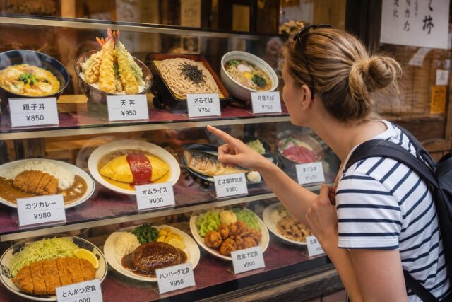 Foreign visitor pointing at Japanese food replicas in a restaurant display window while comparing dishes labeled in Japanese