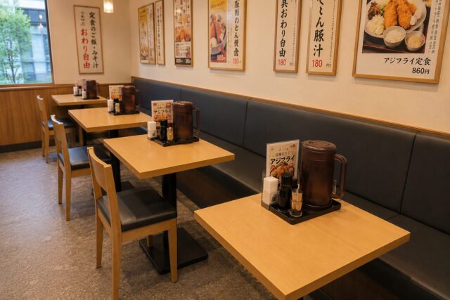 Interior of a Japanese teishoku restaurant with compact two-person tables and bench seating designed for everyday dining