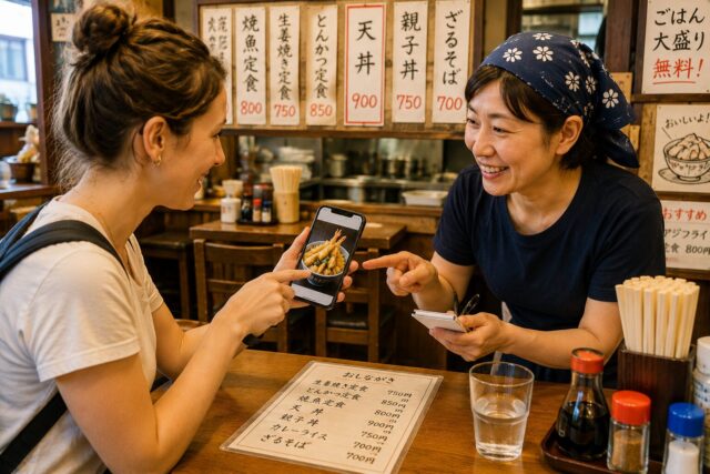 Foreign visitor showing a food replica photo on a smartphone while ordering at a traditional Japanese restaurant
