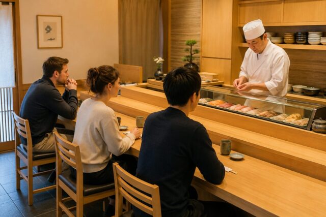 Foreign visitors watching a sushi chef prepare food from counter seats in a traditional Japanese sushi restaurant.