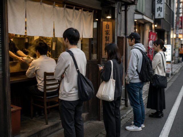 Customers waiting outside a small Japanese ramen shop watch as a freshly prepared bowl of ramen is served inside.