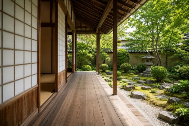 Traditional Japanese engawa with shoji doors on the left and a garden view, showing the narrow transitional space between indoors and outdoors