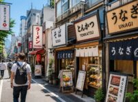Japanese restaurant street in Tokyo with specialized eateries, including ramen, soba, tonkatsu, and unagi shops, each displaying distinct signs and traditional noren curtains on a bright sunny day.