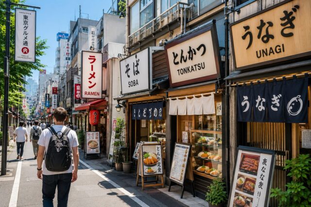 Japanese restaurant street in Tokyo with specialized eateries, including ramen, soba, tonkatsu, and unagi shops, each displaying distinct signs and traditional noren curtains on a bright sunny day.