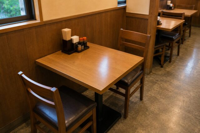A compact two-person table in a Japanese restaurant, showing the simple and space-efficient design common in everyday dining