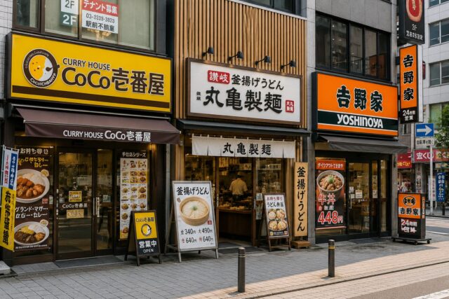 Three different Japanese specialty restaurants—a curry shop, udon restaurant, and gyudon chain—located side by side, illustrating how diners often choose a type of food before choosing a restaurant.