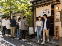 A happy couple leaves a popular Japanese tonkatsu restaurant while other customers continue waiting outside, showing that the experience is about more than just the meal itself.