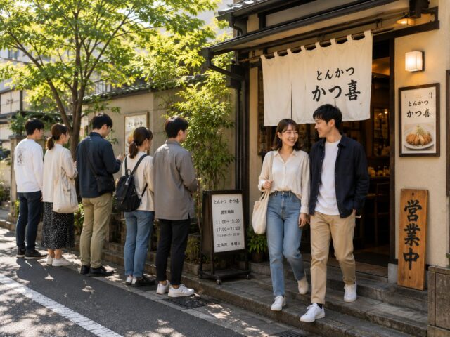 A happy couple leaves a popular Japanese tonkatsu restaurant while other customers continue waiting outside, showing that the experience is about more than just the meal itself.