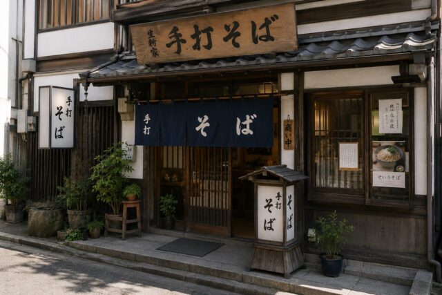 Traditional Japanese soba specialty restaurant with wooden signage, blue noren curtains, and a long-established atmosphere reflecting Japan’s history of specialized dining.