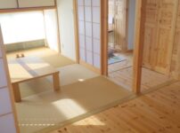 A modern washitsu in a Japanese home featuring tatami flooring, shoji screens, sliding doors, and soft natural light creating a calm and flexible living space