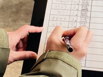 A customer writes a name and party size on a waiting list at the entrance of a popular Japanese restaurant.