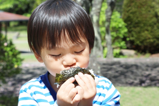 A child eating a simple onigiri outdoors, showing onigiri as an easy portable food.