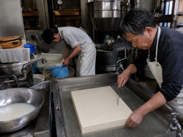 A tofu maker in a traditional workshop prepares a large block of fresh tofu in a water-filled tray before cutting it.