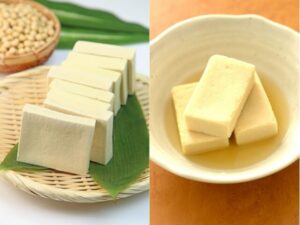 Koya-dofu shown both dry and rehydrated, illustrating the texture of Japanese freeze-dried tofu.