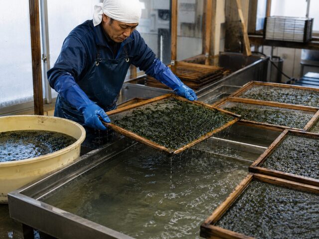 A worker using a wooden screen to spread wet nori into a thin rectangular sheet, illustrating the traditional papermaking-like nori-suki process.