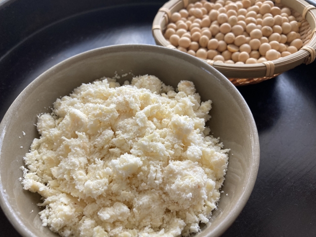 Fresh okara in a ceramic bowl with whole soybeans in the background, showing the soybean pulp left after making soy milk or tofu.