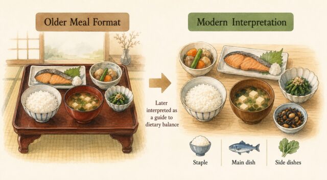 Ichiju Sansai Began as a Meal Format Ichiju sansai did not begin as a modern health program. It developed from older Japanese dining traditions in which rice, soup, and several dishes were arranged according to a recognizable format. The number, order, and placement of dishes could reflect etiquette, hospitality, and the occasion. The purpose was not to calculate protein, vitamins, calories, or other nutrients. Those ideas belong to modern nutritional science. Ichiju sansai was first a way of composing and serving a meal. As nutrition science developed in modern Japan, the same structure began to be interpreted in a new way. Rice could be understood as the staple, the main dish as a source of protein, and the smaller dishes as places for vegetables, seaweed, beans, and other ingredients. This modern interpretation did not create ichiju sansai. It gave an older meal format a new role as a guide to dietary variety and balance.