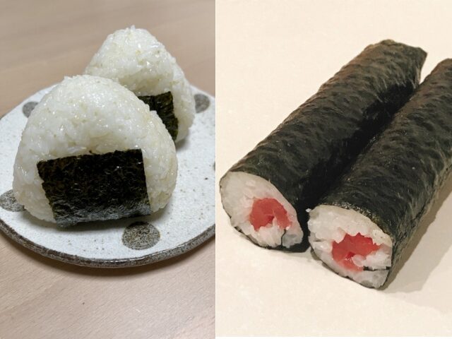 A side-by-side comparison of Japanese onigiri rice balls and sushi rolls.