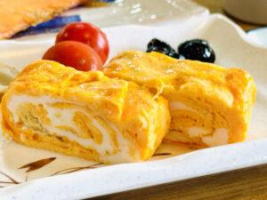 Slices of tamagoyaki, a rolled omelet commonly served in a Japanese breakfast.