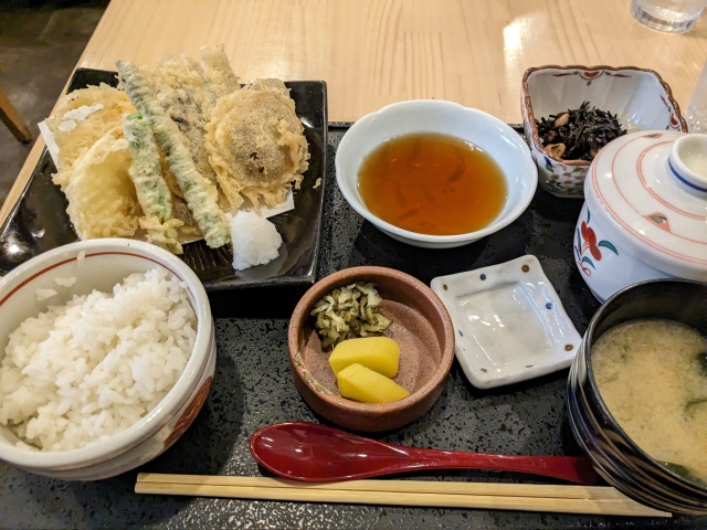 A Japanese tempura teishoku with rice, miso soup, tempura, small side dishes, and pickles, showing how a modern set meal reflects the structure of ichiju sansai.