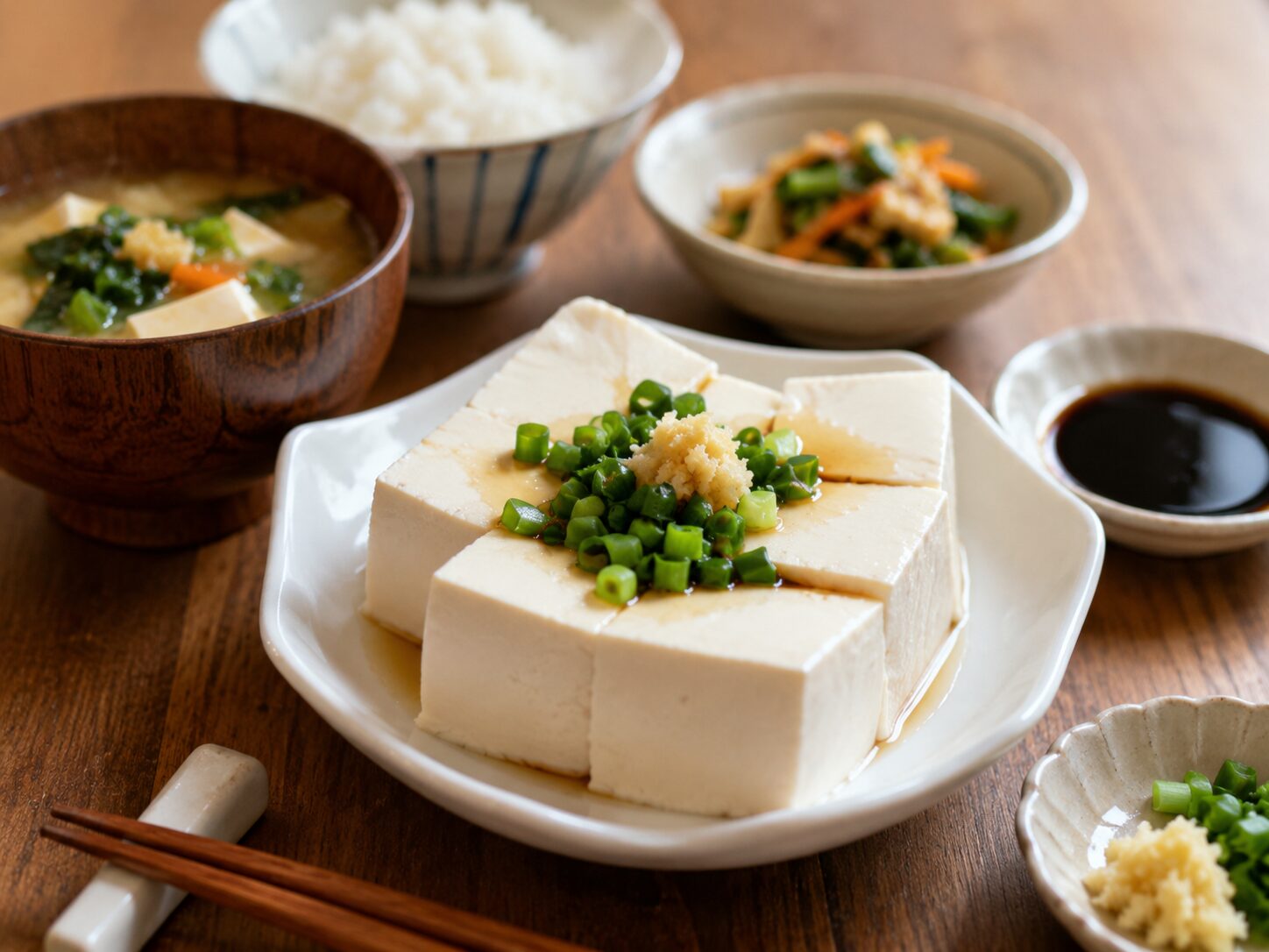 A Japanese home meal with hiyayakko tofu topped with green onion and ginger, served alongside rice, miso soup, soy sauce, and small side dish