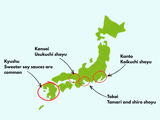 A map of Japan showing broad regional soy sauce tendencies, including koikuchi in Kanto, usukuchi in Kansai, tamari and shiro shoyu in Tokai, and sweeter soy sauces in Kyushu.