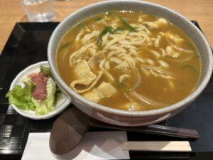 Japanese curry udon with thick noodles and pork in a curry-flavored broth