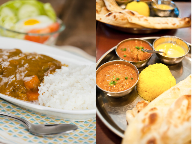 Japanese curry rice beside a South Asian curry meal with naan and multiple curry dishes