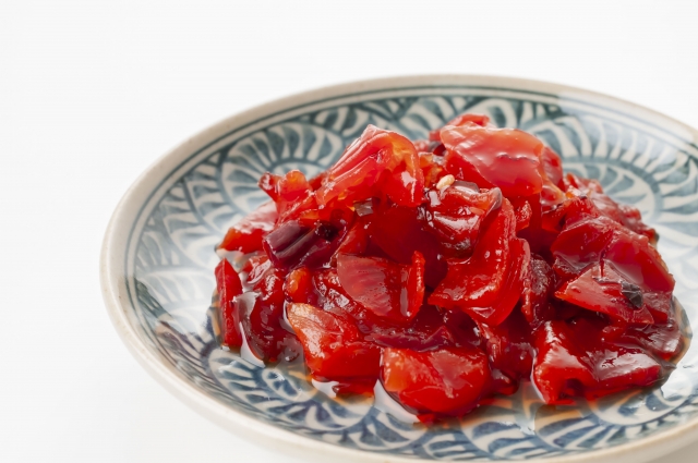 Red fukujinzuke pickles commonly served with Japanese curry